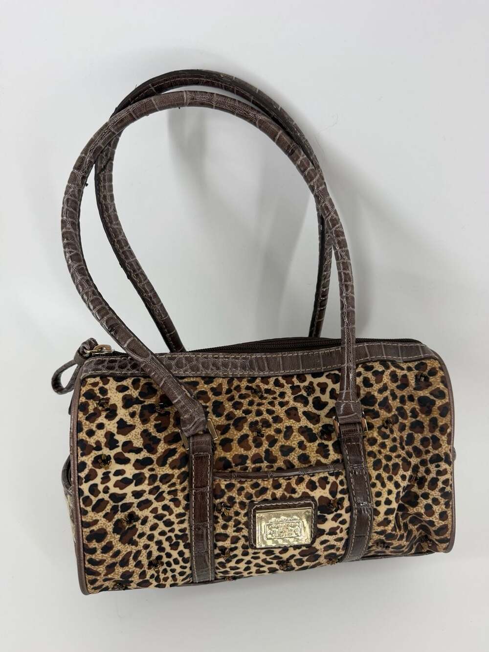 Liz Claiborne Leopard Print Beaded Y2K Satchel Handbag Brown Faux Croc